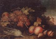 unknow artist Still lifes of Grapes,figs,apples,pears,pomegranates,black currants and fennel,within a landscape setting oil painting